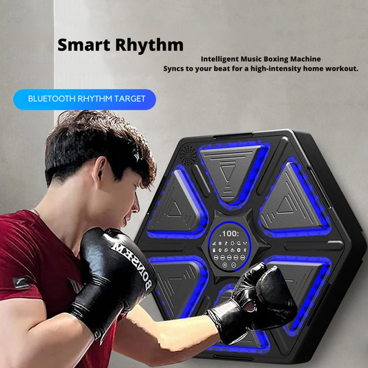 NexaFit Smart Rhythm Music Boxing Machine in dark home gym 
Bluetooth boxing wall target with LED lights
Pro combat training mitts and music boxing setup